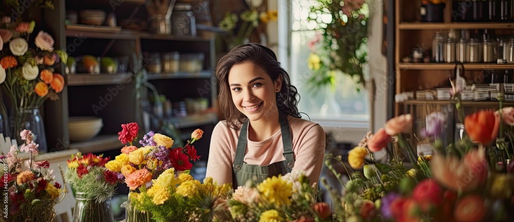Smiling attractive hispanic female Small business owner in her florist shop.