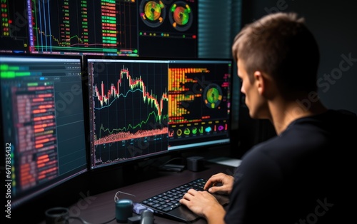 Crypto trader investor analyst broker using pc computer analyzing online cryptocurrency exchange stock market indexes charts. Generative AI © piai