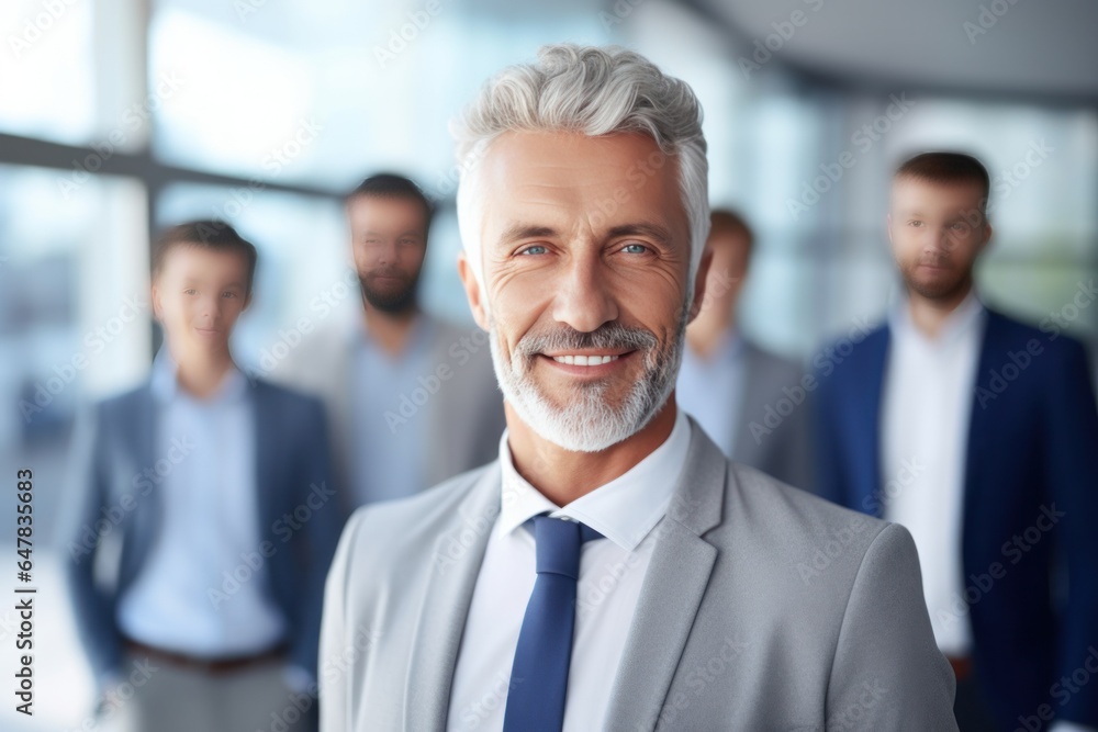 an attractive business man smiles in front of colleagues an attractive business man smiles in front of colleagues