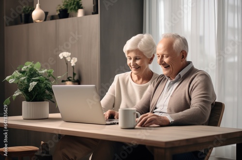 senior couple smiling at each other as they use a laptop