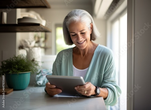 older woman is using tablet computer sitting on couch