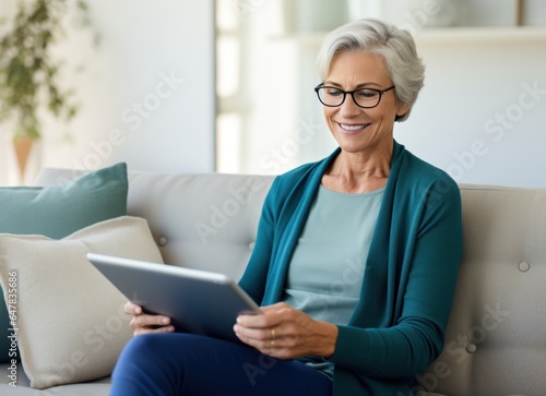 older woman is using tablet computer sitting on couch