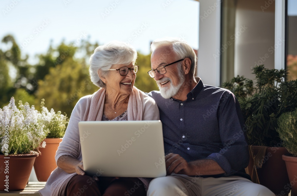senior couple smiling at each other as they use a laptop senior couple smiling at each other as they use a laptop