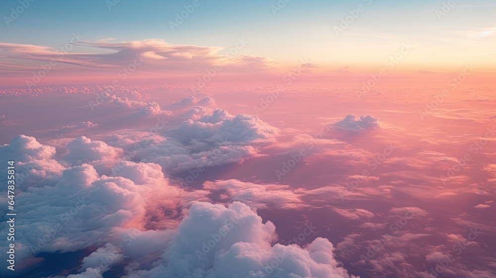 Beautiful sunset above the clouds. Aerial view. Nature background of sky. Cloudy landscape from the window of an airplane. Sunrise. Sun goes into the clouds. Illustration for varied design.