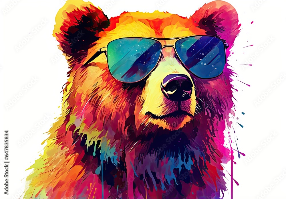 Colorful painting of bear. Digital art of multicolored grizzly on white background with paint splashes. Full muzzle view. Graffiti style. Printable design for t-shirts, mugs, cases, bags, pillows etc. - obrazy, fototapety, plakaty 