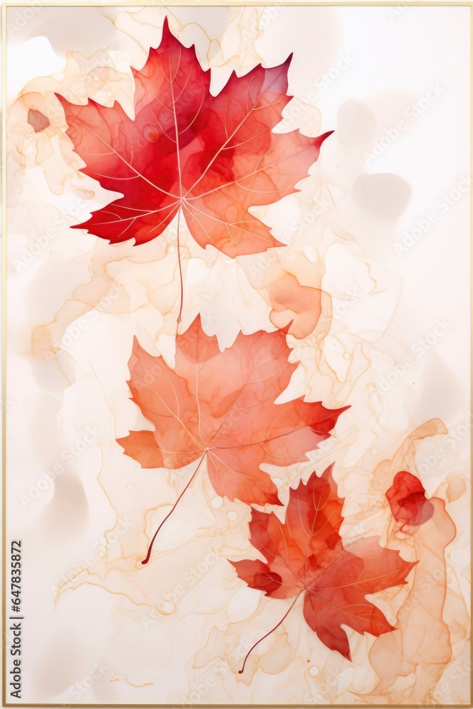 Watercolor works of maple leaf with gold lines