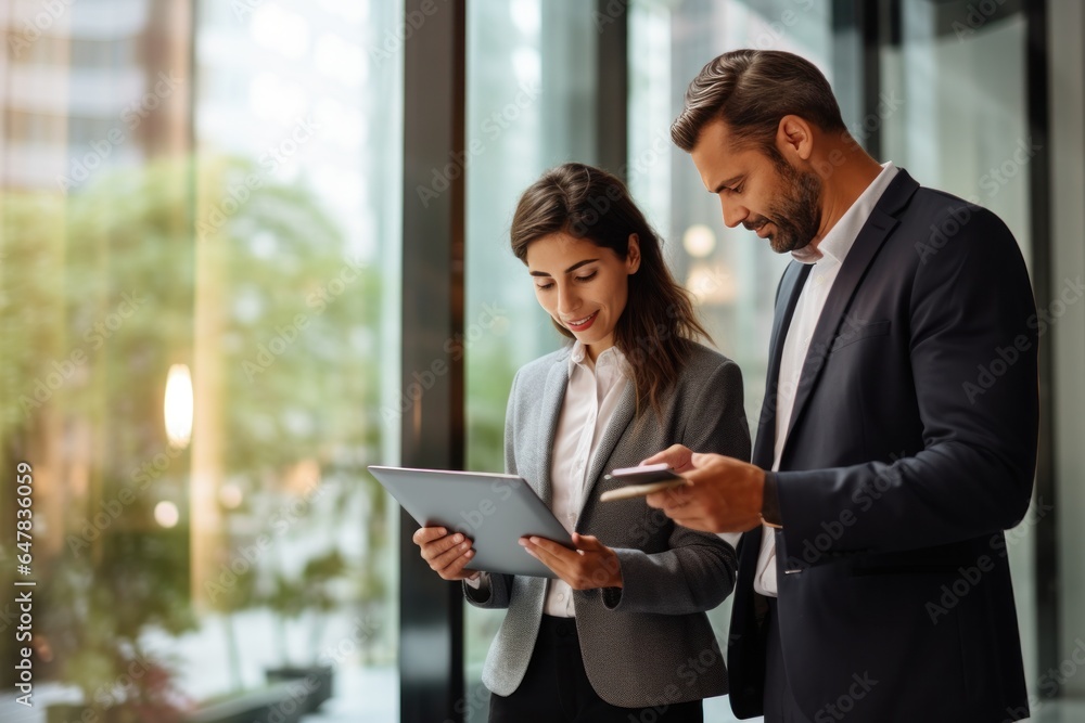 business couple smiling while holding digital tablet. business couple smiling while holding digital tablet.