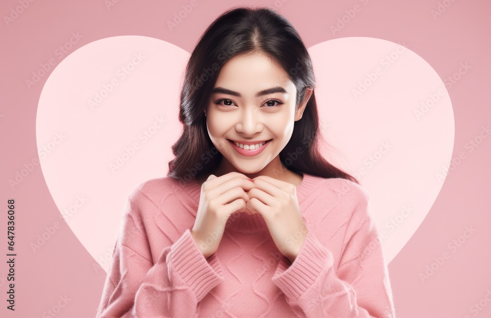 asian woman making heart shape with hands on pink background. asian woman making heart shape with hands on pink background.