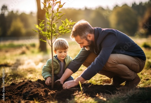 father planting tree with little boy
