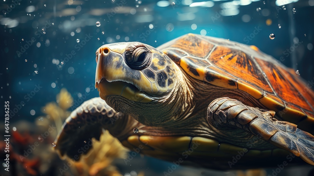 A close-up of a turtle swimming in the ocean with clear blue water. Illustration for cover, card, postcard, interior design, decor or print. A close-up of a turtle swimming in the ocean with clear blue water. Illustration for cover, card, postcard, interior design, decor or print.