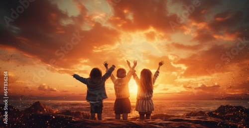 an orange sunset scene with young children waving in the.