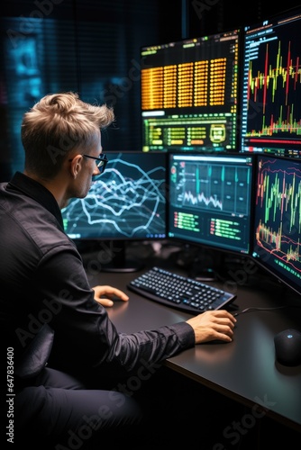 Crypto trader investor analyst broker using pc computer analyzing online cryptocurrency exchange stock market indexes charts. Generative AI