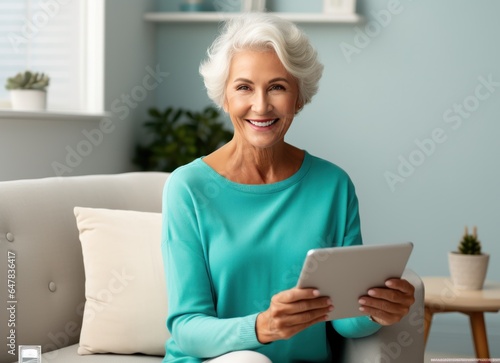 older woman is using tablet computer sitting on couch