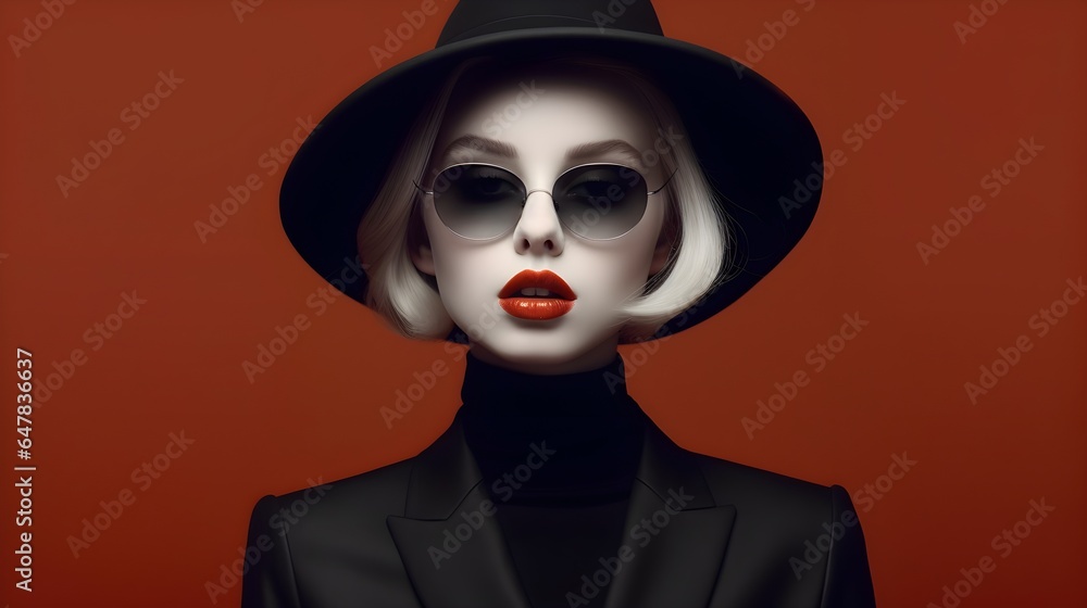 High fashion portrait of a female model in stylish sunglasses and hat High fashion portrait of a female model in stylish sunglasses and hat