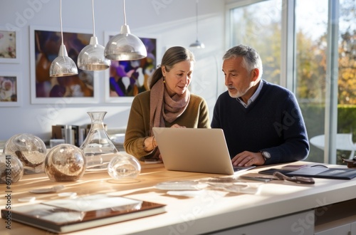 senior couple smiling at each other as they use a laptop