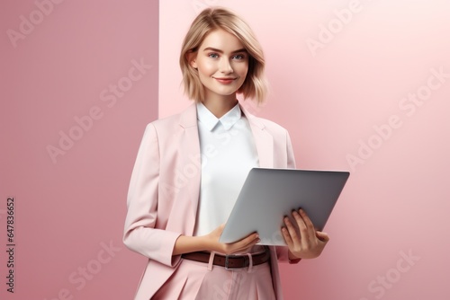 smiling female woman using laptop at studio against pink.
