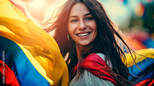 People Celebrating Colombian Pride and hold the Colombian flag high. Generative AI