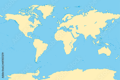 The world  general reference map. Map of the surface of the Earth with the landmasses of all continents  with largest lakes  oceans and seas  in a Miller cylindrical projection. Illustration. Vector.