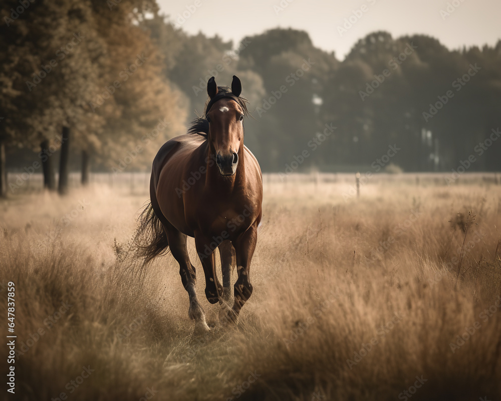 Fototapeta premium Dynamic Brown Horse Galloping in Lush Meadow - Generative AI