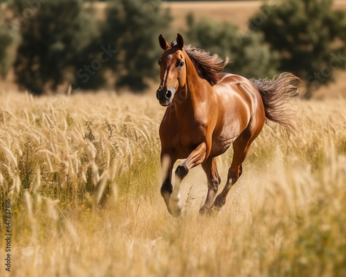 Dynamic Brown Horse Galloping in Lush Meadow - Generative AI