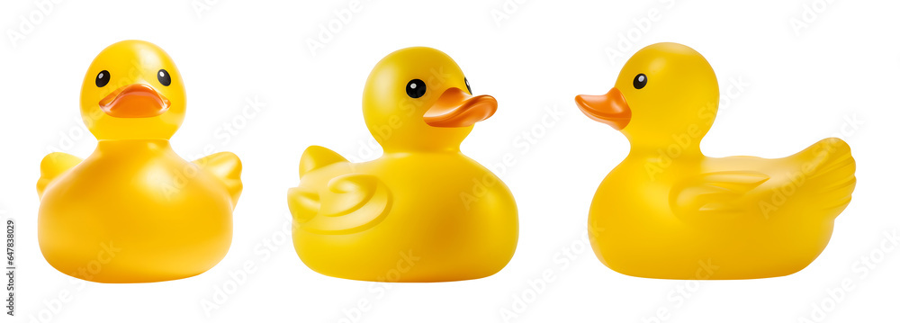 Yellow rubber duck on transparent background cutout, PNG file. Mockup template for artwork design. perspective positions many different angle, front side view
 - obrazy, fototapety, plakaty 