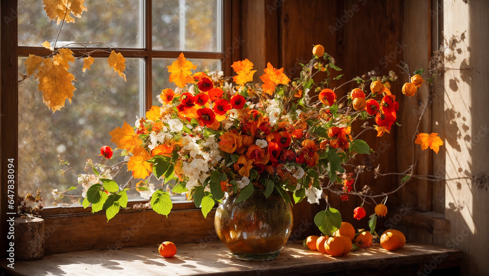 Beautiful bouquet with an antique vase on a table with autumn flowers against the background of a window Beautiful bouquet with an antique vase on a table with autumn flowers against the background of a window