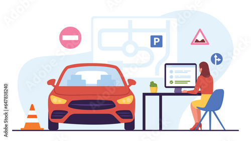 Vector illustration of a girl taking a driving test. Cartoon scene with a girl sitting at a computer and taking a driving test, a car, a parking map, road signs isolated on a white background.