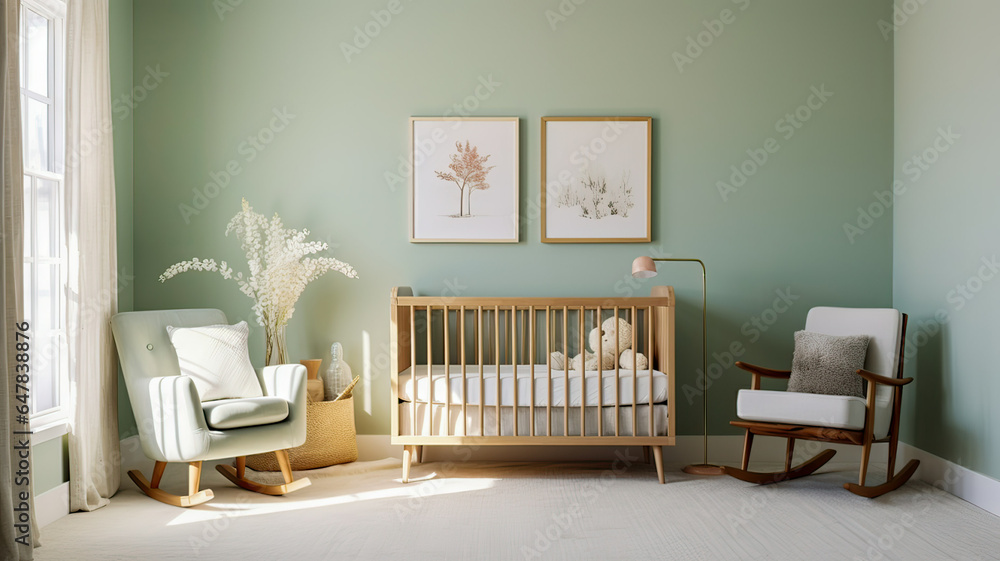 Bright and airy nursery with white crib, mint green rocking chair, and