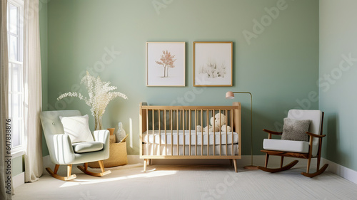 Airy and Calm Nursery Room with Soft Green Walls and Natural Wood Furniture