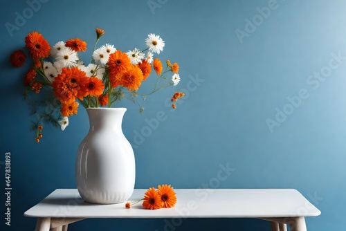 Orange glass and white ceramic vase with bouquet of field flowers against blue wall with copy space photo