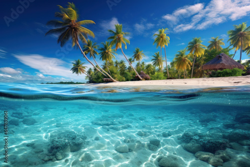 Tropical island with coconut palms and underwater coral reef. Split view with waterline. © ekim