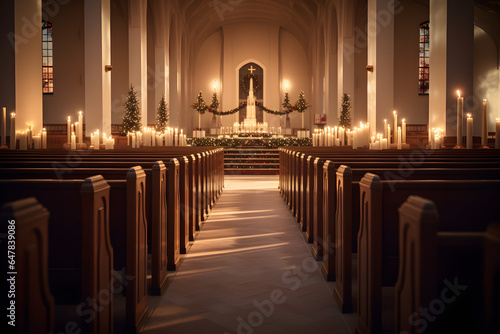 Photo of a candlelit church with rows of pews