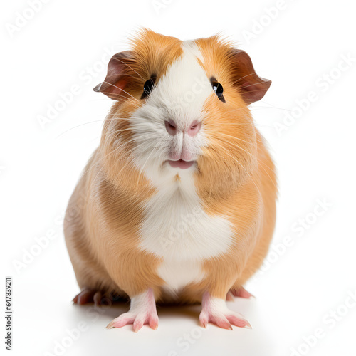 Photo of a cute guinea pig sitting on a white floor