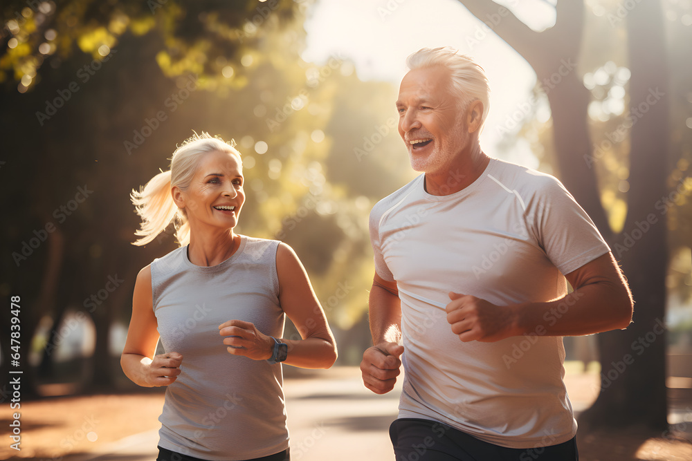 Photo of an older couple enjoying a jog in the park Photo of an older couple enjoying a jog in the park