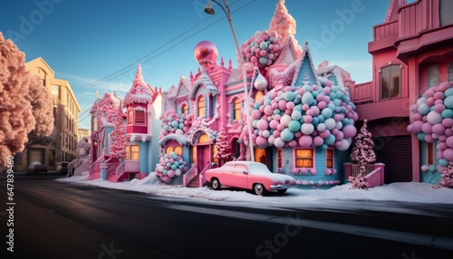 Unique decorated house with a lot of christmas details. Pastel color architecture of sweet villa.
