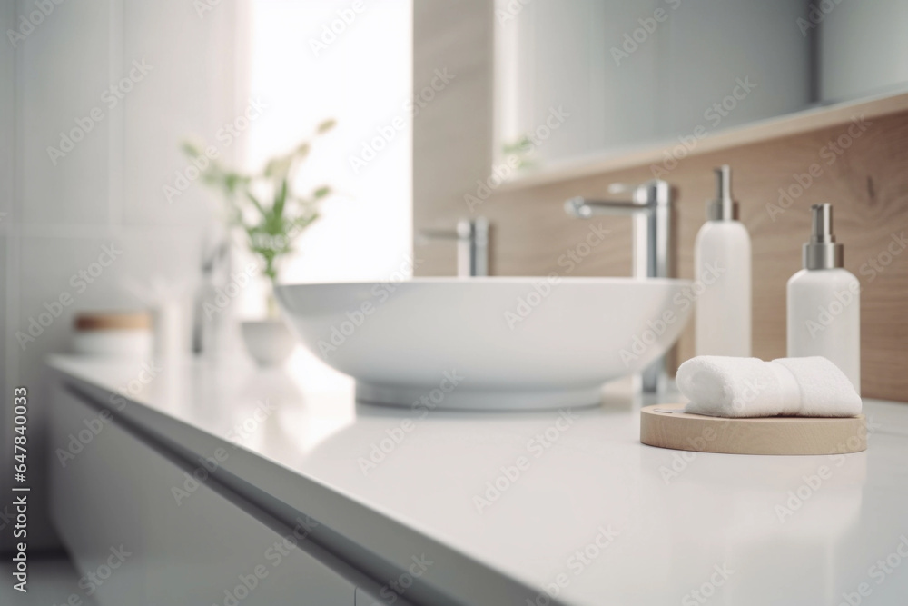 Modern minimalist bathroom with white sink and wooden countertop. Generative Ai.