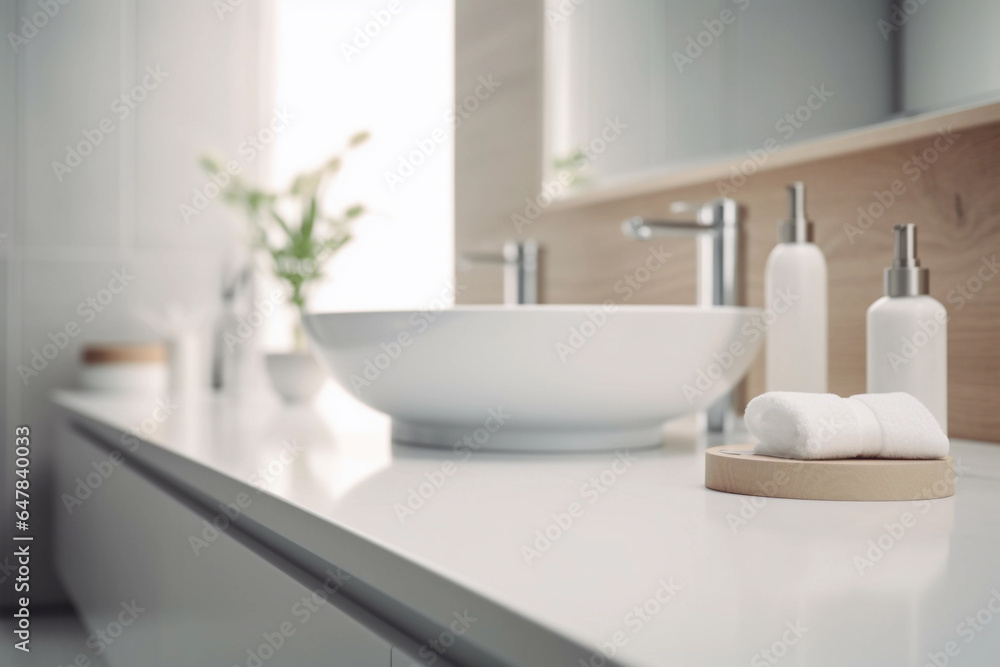Fototapeta premium Modern minimalist bathroom with white sink and wooden countertop. Generative Ai.