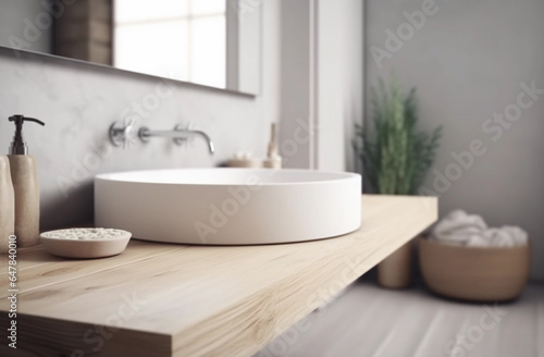 Minimalist Modern Bathroom with Wooden Countertop. Generative Ai.