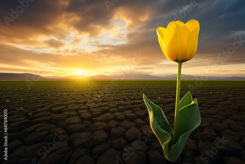 a single yellow tulip stands in a yellow field, embraced by green and yellow sky. Generative AI