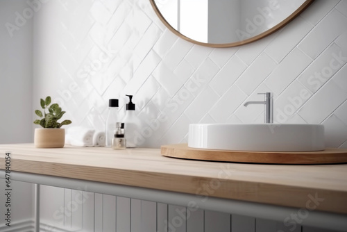 Fashionable Wooden and Ceramic Bathroom Sink. Generative Ai.
