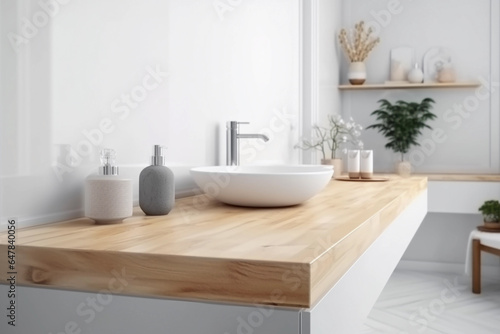 Scandinavian Style Bathroom with Wooden Countertop. Generative Ai.