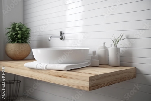 Elegant Wooden Bathroom with Tiled Walls and Tub. Generative Ai.