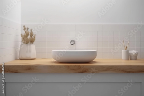 Mockup Display in Modern Bathroom with Wooden Countertop. Generative Ai.