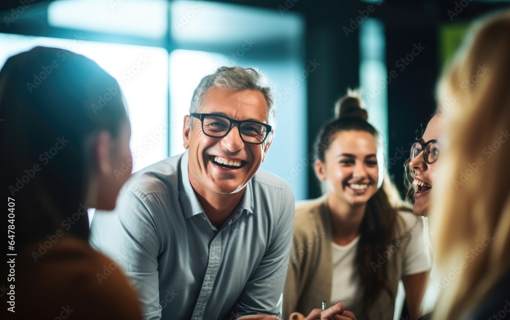 Cheerful middle aged teacher professor talking to students at university. Generative AI Cheerful middle aged teacher professor talking to students at university. Generative AI
