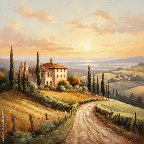 Countryside House at Sunset Painting, Beautiful Rural Landscape, Italian style painting, Landscape painting, Countryside painting, Sunset, Rural landscape, House Landscape, Painting 
