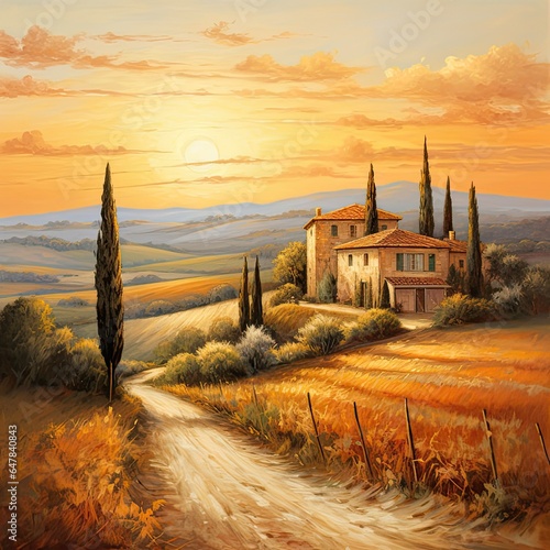 Country Road Leading to House at Sunset - Serene Rural Landscape Painting, Italian style master piece, Oil painting, Landscape painting, Countryside painting, Rural landscape, House Landscape, 