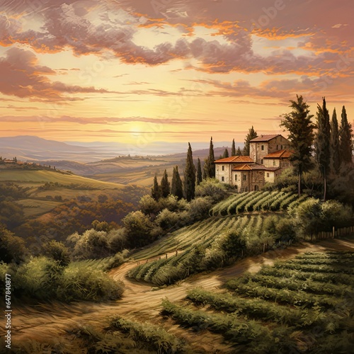 Painting of House in Vineyard at Sunset, Rural Landscape, Tuscany, Italy, Italian style painting in rural Italy