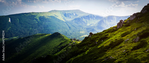 Green beautiful mountains in the sunny day.