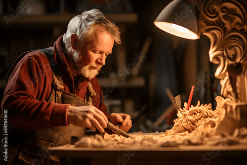 Photo of a wood sculptor working in his workshop