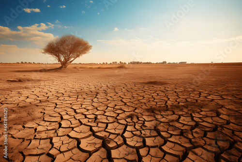 Photo of a solitary tree standing in the barren desert landscape